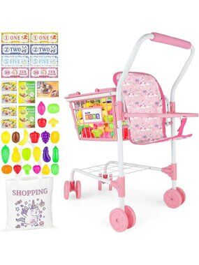 Kids Metal Shopping Cart Play Set with Basket, Pretend Toy for Toddlers, Pink